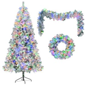 6FT Snow Flocked Christmas Tree, Pre-Lit Set With Tree & Garland & Wreath, Artificial Hinged Xmas Tree With Colorful LED Lights, 8 Lighting Modes, Pin