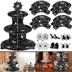 3 Tier Halloween Cupcake Stand Black Spider Web Cardboard Cupcake Stand Spider Bat Cupcake Toppers Halloween Cupcake Holder Tower For Halloween Birthd