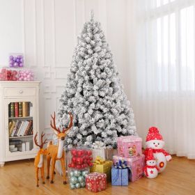 7 FT Pre-lit Snow Flocked Christmas Tree, Artificial Hinged Xmas Pine Tree With 1000 Branch Tips, 400 Lights And Remote Control For Holiday Party Offi