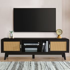63'' Dark Rattan TV Stand with 2 Storage Cabinets for 65 Inch TV, Entertainment Center with Solid Wood Legs, Media Console Table for Living Room