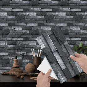 48 Pcs Black Gray Stone Brick Peel And Stick Wallpaper Home Decor Waterproof Self-Adhesive Stickers For Bathroom Kitchen Living Room Backsplash D