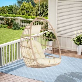 Outdoor Garden Egg-Shaped Wicker Hanging Chair, Wood Frame with Khaki Cushion, Patio Swing Chair for Porch, Balcony, Backyard, Indoor/Outdoor Use