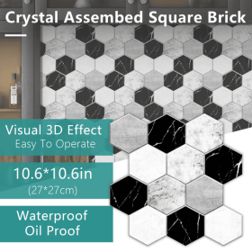 12 Pcs Black And White Marble Wall Stickers Mosaic Hexagon Peel And Stick Backsplash PVC Glossy Self Adhesive Back Splash Honeycomb Stick On Wall