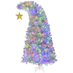6 FT Bent Top Pre-lit Christmas Tree With Golden Star, Hinged Artificial Xmas Tree With 300 Lights, 900 Branch Tips And Remote Control For Holiday Par