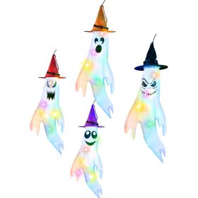 4Pcs Per Set Halloween Ghosts With Witch Hats Windsocks Hanging Decoration With Colorful LED Light Outdoor Flag Wind Socks Halloween Party Decoration