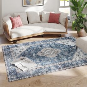 5x7 Area Rug, Vintage Washable Rug, Non-Slip Floor Carpet For Living Room, Bedroom, Dining Room, Blue (Color: Blue)