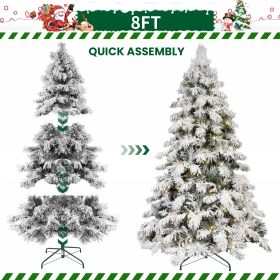 5FT 6FT 7FT 8FT Prelit Flocked Christmas Tree With Light, Snowy Pine Design, Warm White LED Lights, Hinged Branches, Metal Stand, Realistic Artificial (Option: 8ft)