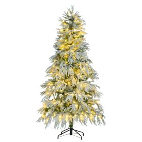6FT Pre-Lit Spruce Snow Flocked Christmas Tree, Artificial Hinged Xmas Tree With 300 Multi-Color LED Lights, 8 Flashing Modes &790 Snow Branch Tips, H (Option: WhiteGreen)