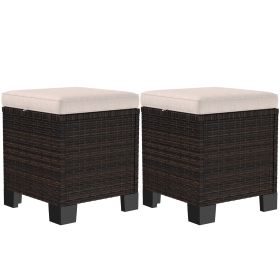 2 Piece Wicker Outdoor Ottomans With Cushions, Rattan Ottoman Footrest And Side Table For Patio, Yard, Poolside, Cream (Option: Cream)
