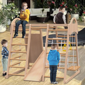 Indoor Playground 7-in-1 Jungle Gym Playset For Kids 2-6yrs - Slide, Climbing Wall, Rope Wall Climber, Monkey Bars, Swing - Waldorf And Montessori Sty (Option: Natural Wood)
