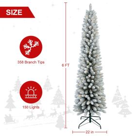 5FT 6FT 7FT Pre-Lit Flocked Pencil Christmas Tree, Artificial Fir Snow Slim Skinny Christmas Tree For Home, Office, Party Decoration WITH Branch Tips (Option: 6Ft)
